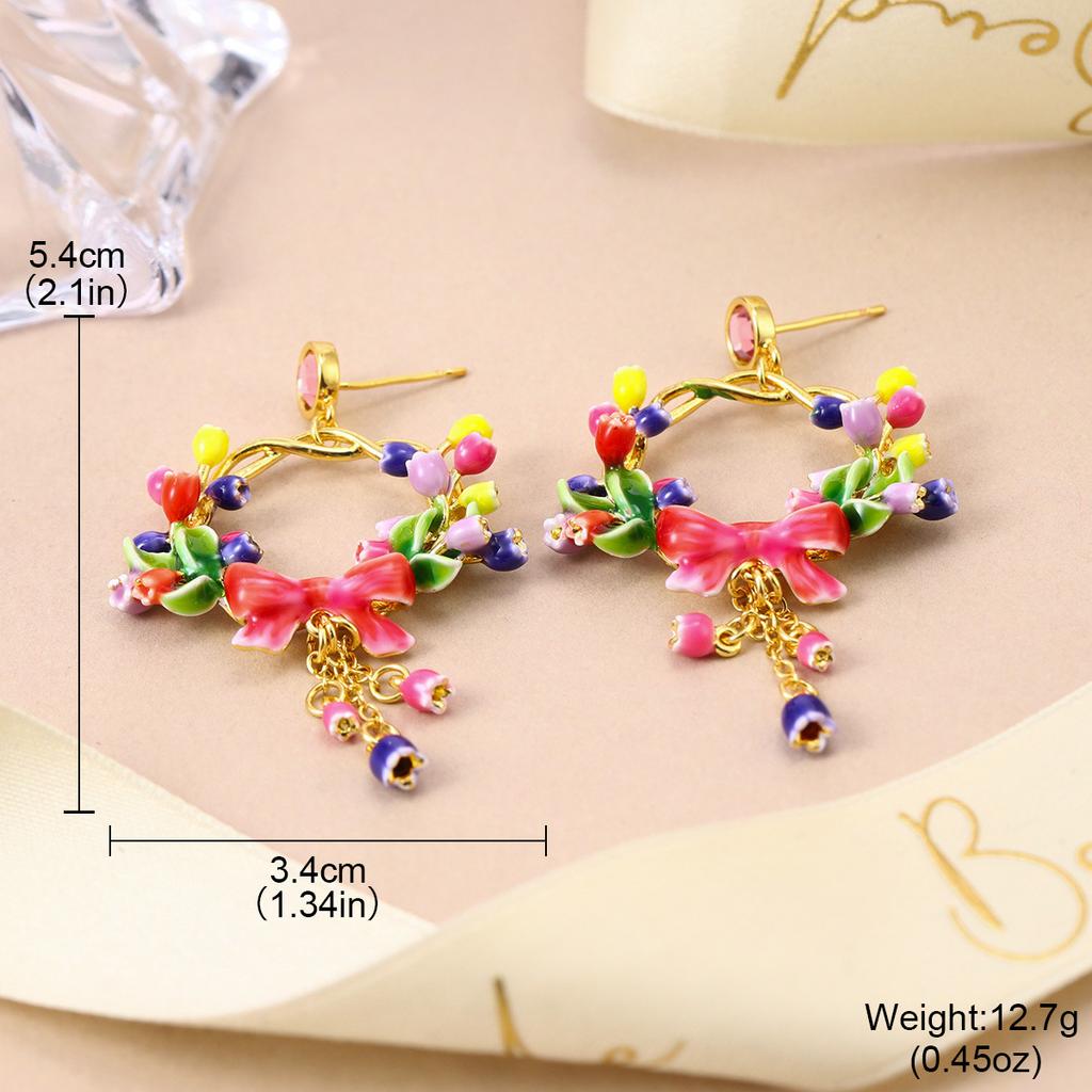 Three-dimensional Fashion Enamel Glaze Powder Purple Flower Bow Bell Spring and Summer Stud Earrings Long Fringed Silver Needle Earrings