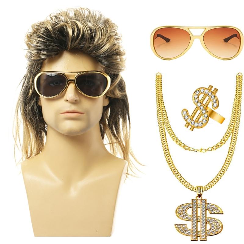 Men's 80s Disco Costume Accessories Set Women Hippie Costume Set Curly Wig Necklace Sunglasses for Disco Theme Party