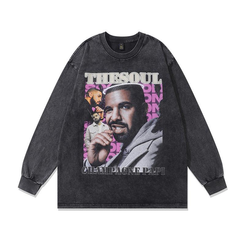 European, American High Street Retro Washed Old Hip-Hop Bottoming Shirt Loose Digital Direct Injection Printing Long-Sleeved T-Shirt Men