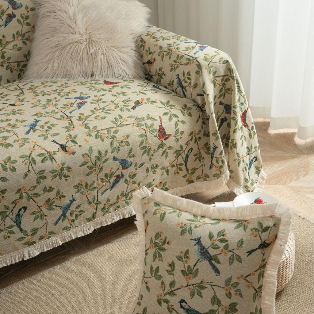 Exquisite sofa towel anti-cat scratch jacquard flower bird green retro festive festival thick sofa blanket
