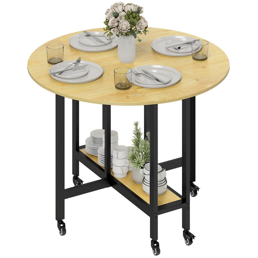 Folding Dining Table on Casters, Seats 4, Integrated Shelf, 100 x 100 x 75 cm, Oak
