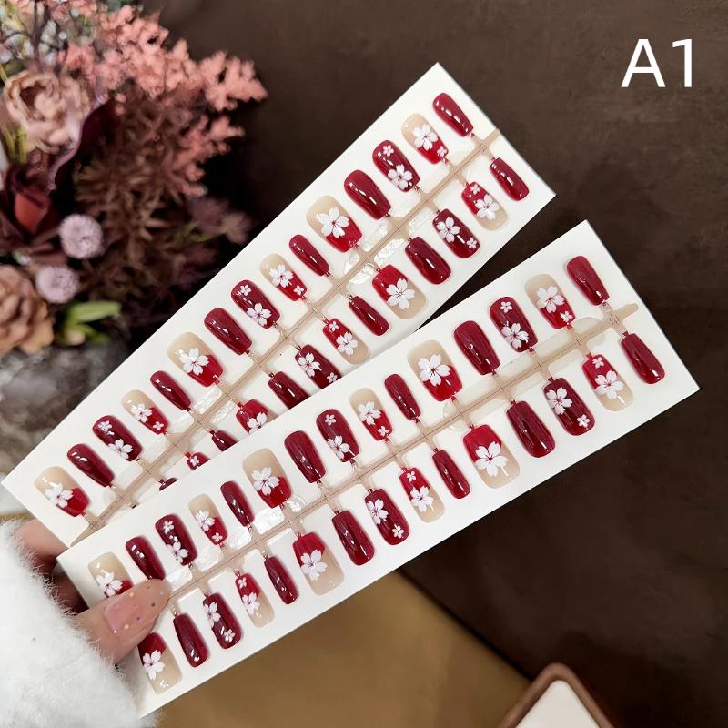 Red French Tip Press On Nails 30 PCS with Flower Prints Full Cover Fake Nails For Students and Office Use Easy Removable Nail Set