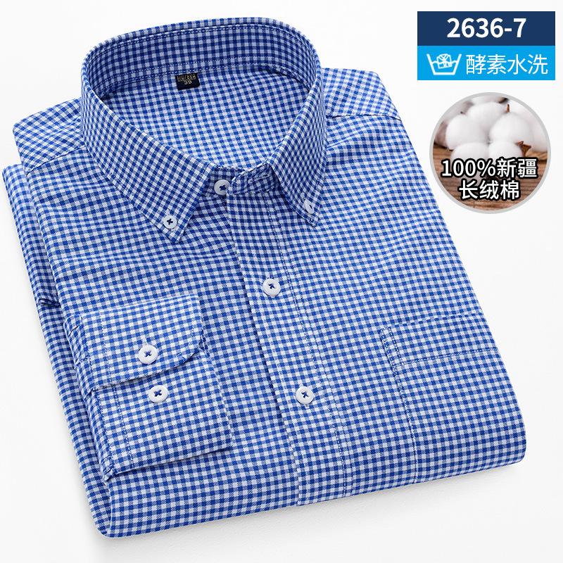 Ny bomullsskjorta för män Oxford Långärmad Randig Casual Business Ficka Rutig Skjorta för Män