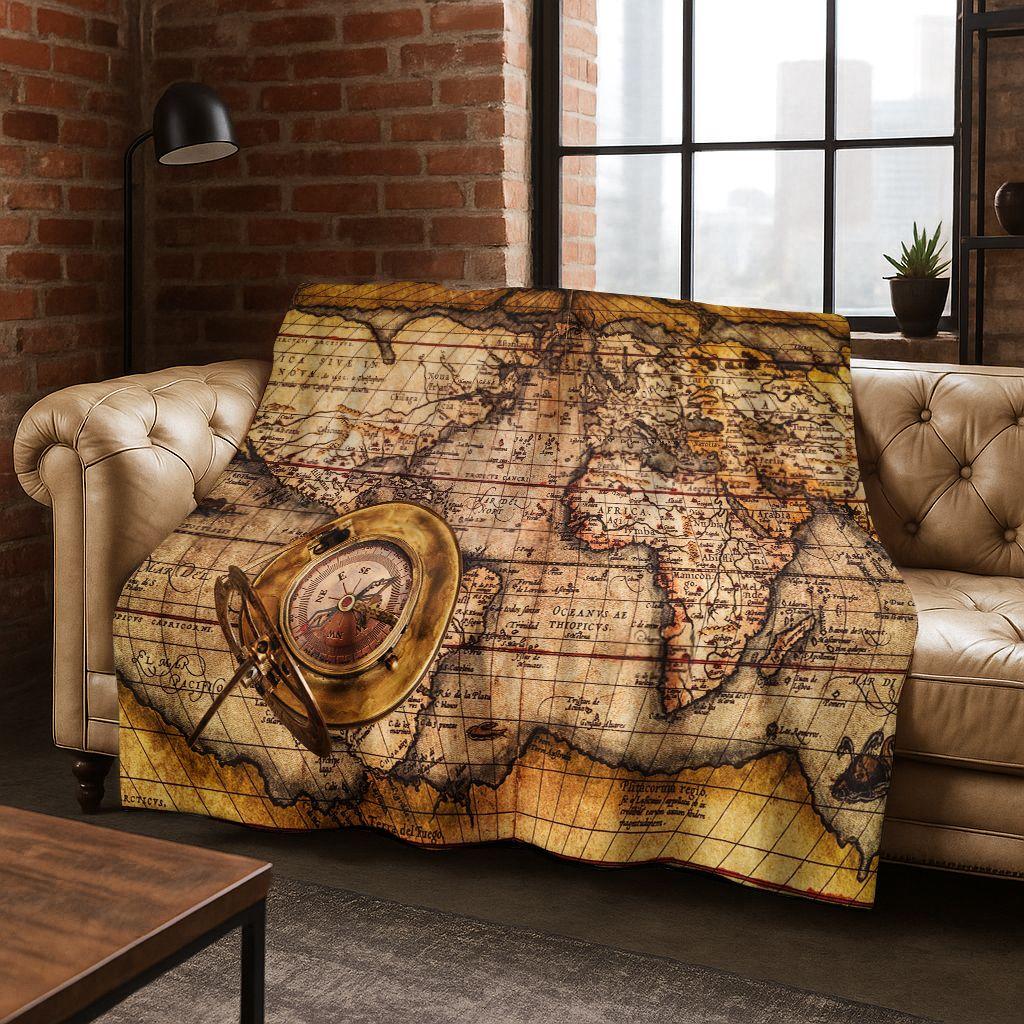 Retro Nautische Karte Kompass Schatzkarte Flanell Decke, Gemütliche Weiche Überwurfdecke für Zuhause Schlafzimmer Bett Sofa Abdeckung Geschenk Kinder