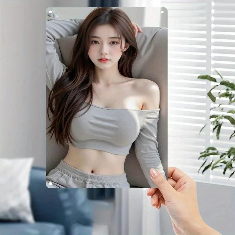 Retro Metal Sign Rustic Elegant Female Face Korean-Style Art Poster Heavy-Duty Wall Decor