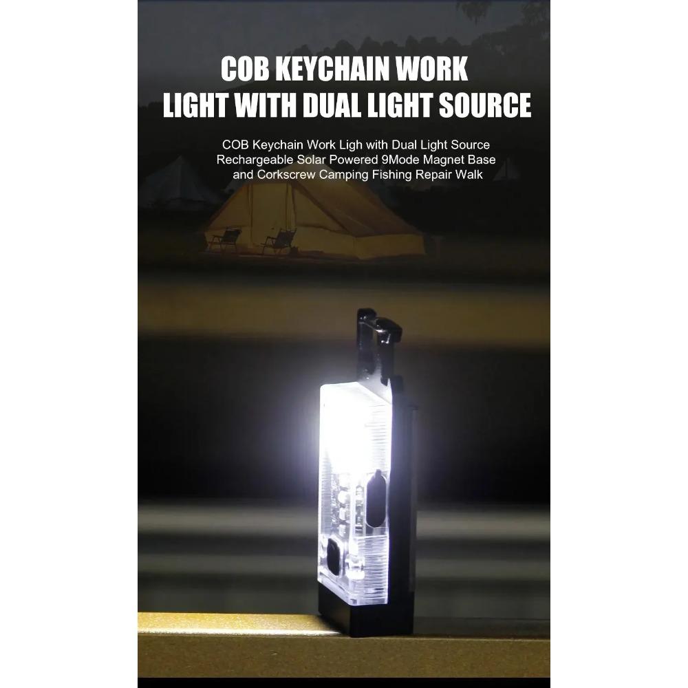 COB Keychain Work Light with Dual Light Source Rechargeable Solar Powered 9 Mode Magnet Base for Camping Fishing Repair Walk