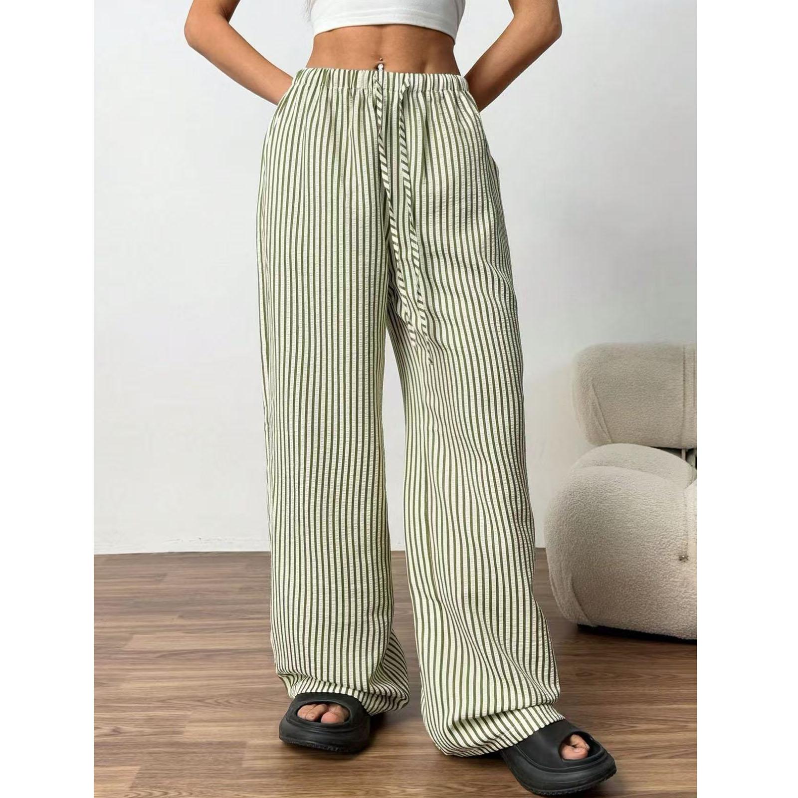 

Women Elastic High Waist Pant Casual Fit Wide Leg Long Pants Trousers With Pockets XL зелений