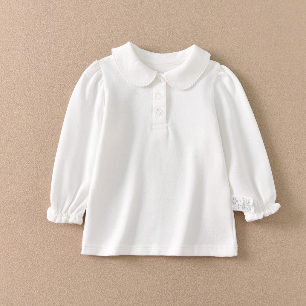 Kids' Solid Color Polo Shirt with Turn-Down Collar - White Fleece School Uniform, Pure Cotton, Thick Top