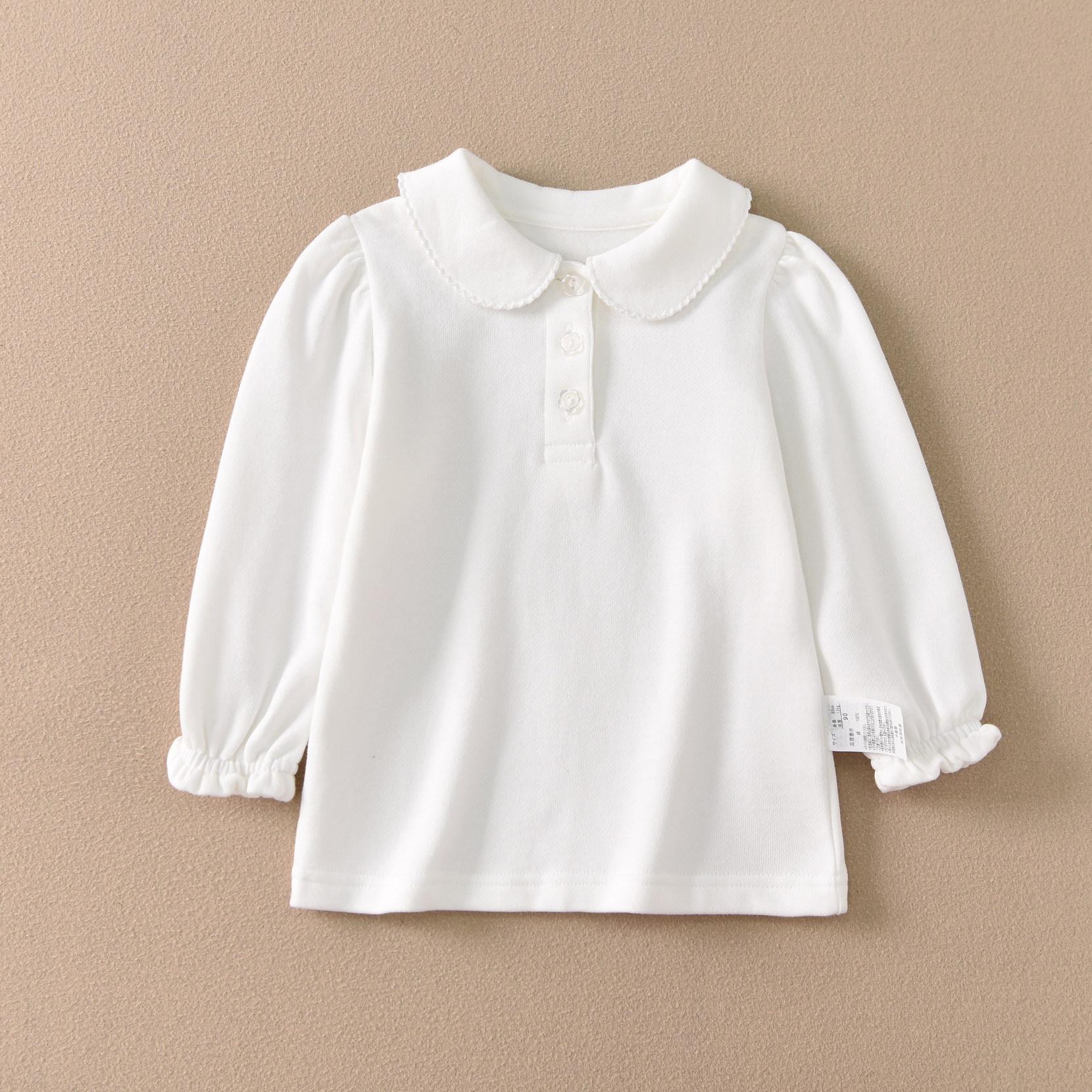 

Kids Solid Color Polo Shirt with Turn-Down Collar - White Fleece School Uniform, Pure Cotton, Thick Top 120