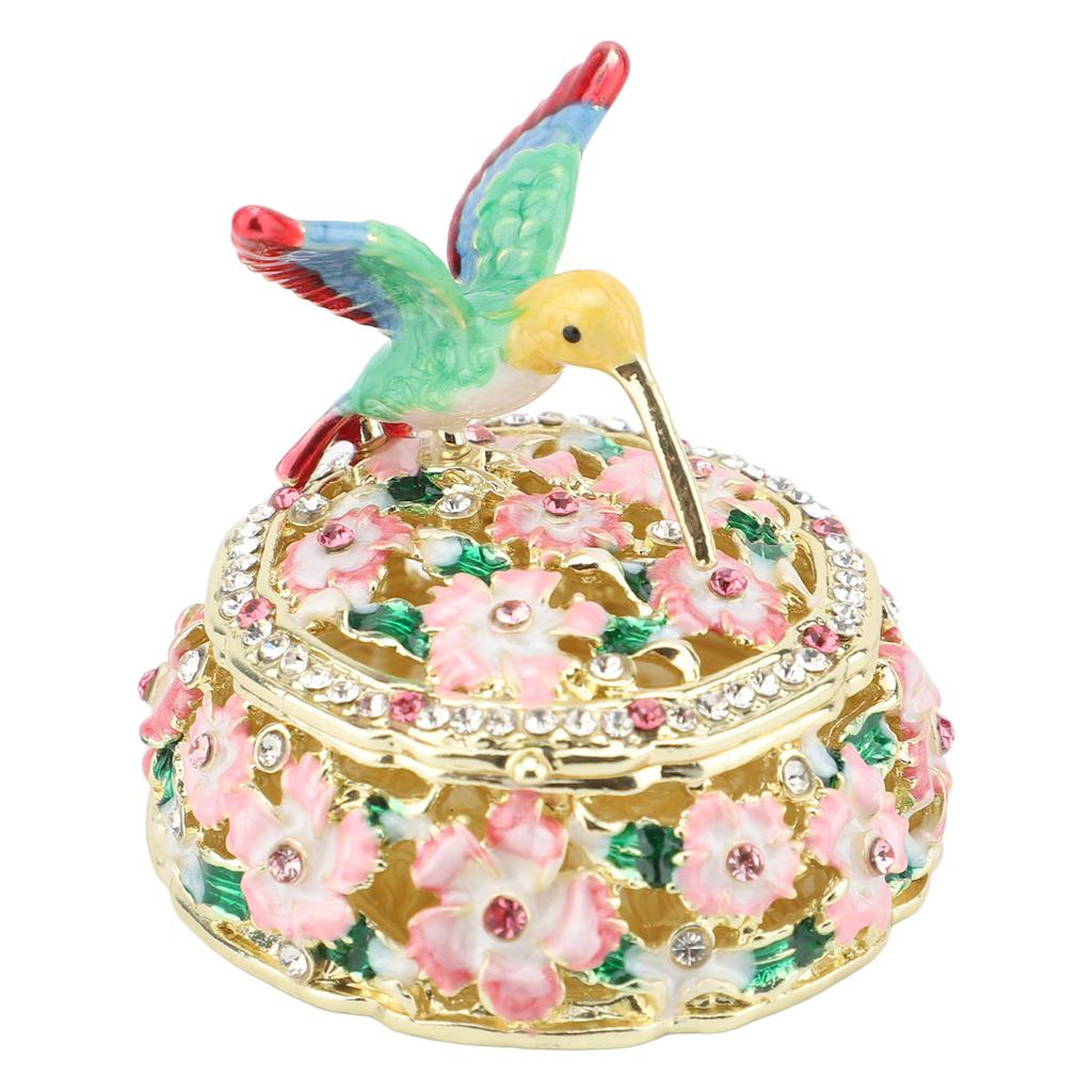 Round Hummingbird Pattern Enameled Jewelry Box Decorative Metal Trinket Box Vintage Jewelry