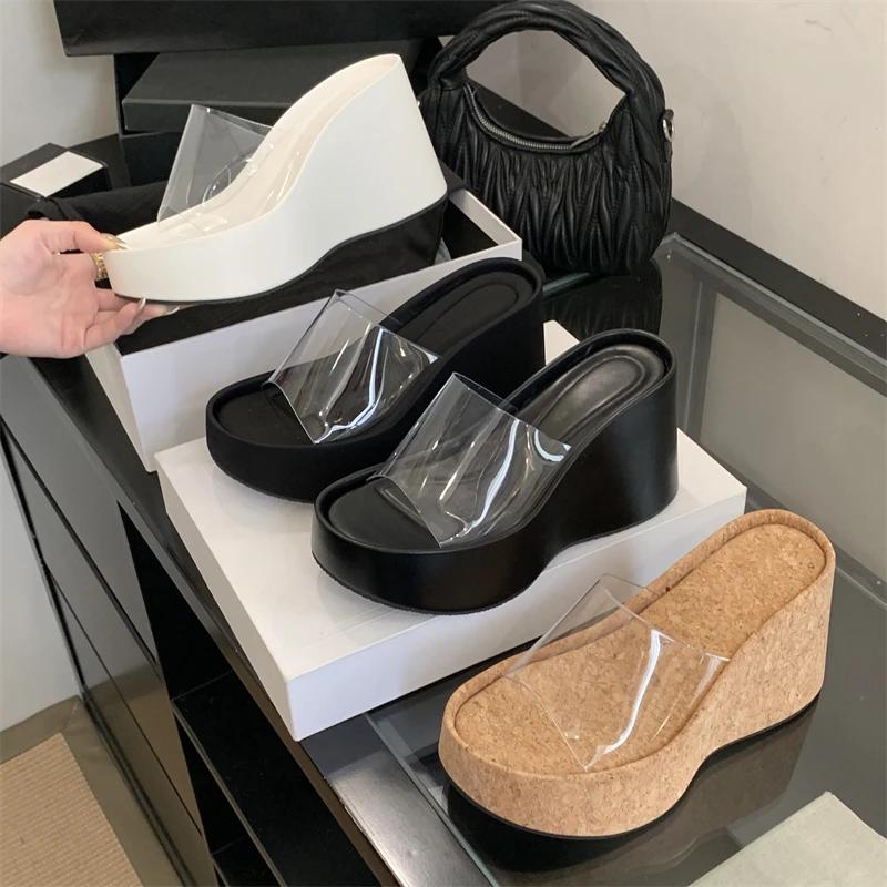 Eilyken Summer PVC Transparent Solid Platform Wedges Woman Slippers Thick Bottom High Heels Party Shoes