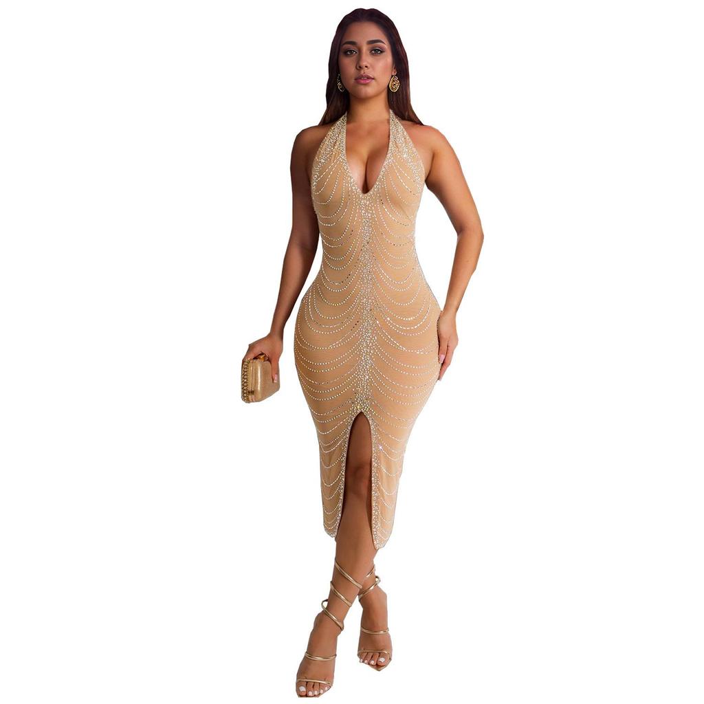 Sexy Figurbetontes Langes Damenkleid mit Strasssteinen