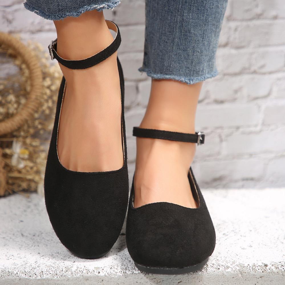 Women's Shallow Ankle Buckle Flats Shoes Spring/autumn New Round Head Low Heel  Large Size Comfortable Women's Shoes