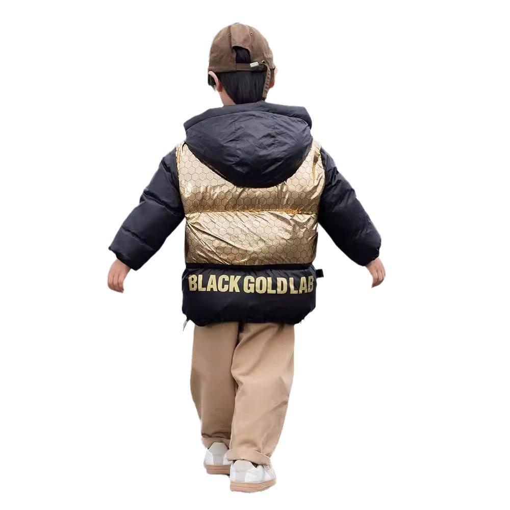 Kids' Winter Black Gold Thick Hooded Coat - Warm Short Jacket for Boys & Girls