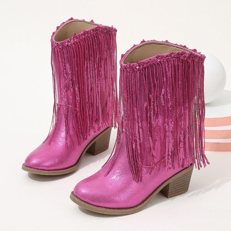 

Children Boots Versatile Tassels Pink Elegant 2025 New Performance Girls Boots Low Heels Shiny Solid Color Britain Princess Boot 35 (Inner22.8cm)