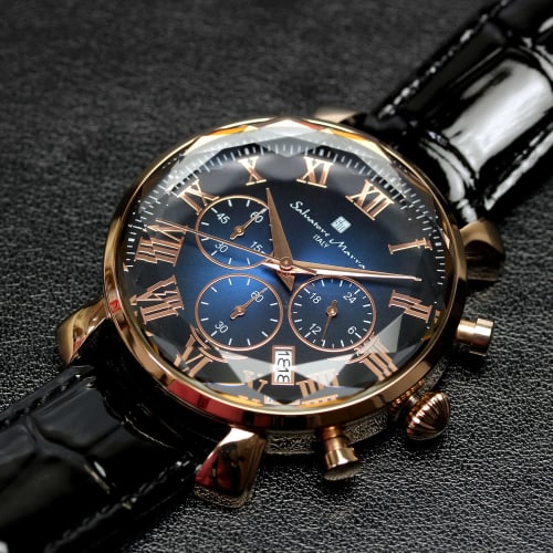 Salvatore Marra Men's Watch, Multi-faceted Glass Chronograph with Gradient Leather Strap, Green, Blue, and Black, SM19104-PGBLBK