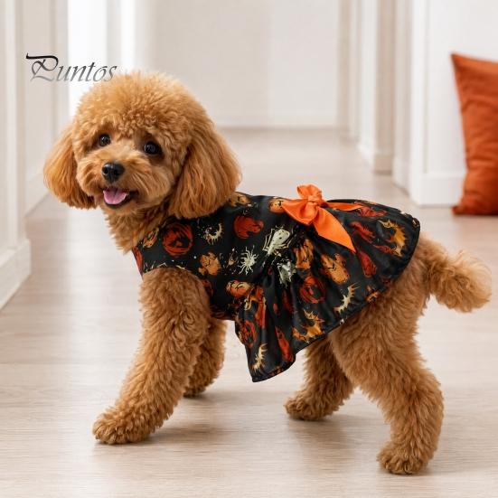 Halloween Hundekleid Lustiges Kleid, Kürbis Fledermaus Spinne Geist Aufdruck Haustier Kleines Outfit Bekleidung, Welpenrock mit Schleife für Hunde, Katzen Nicht kratzende Kleidung