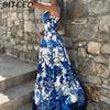 BITCED Spring Women's Casual Fashion Printed V-Neck Strapless Patchwork Split-Hem Full-Skirt Dress