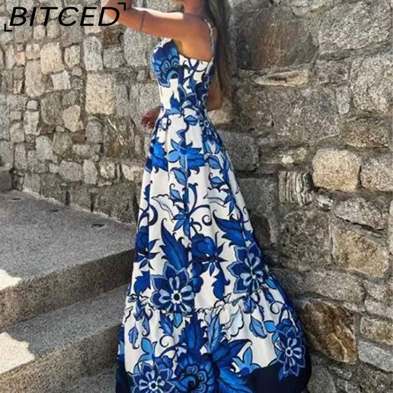 BITCED Spring Women's Casual Fashion Printed V-Neck Strapless Patchwork Split-Hem Full-Skirt Dress