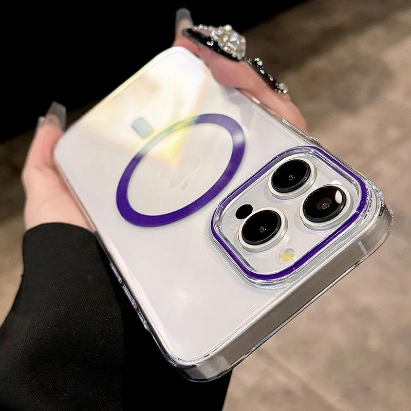 For Magsafe Phone Case For iPhone 17 16 15 14 13 Pro Max Plus 16e 17 Air Metal Buttons Transparent Clear PC Hard Cover