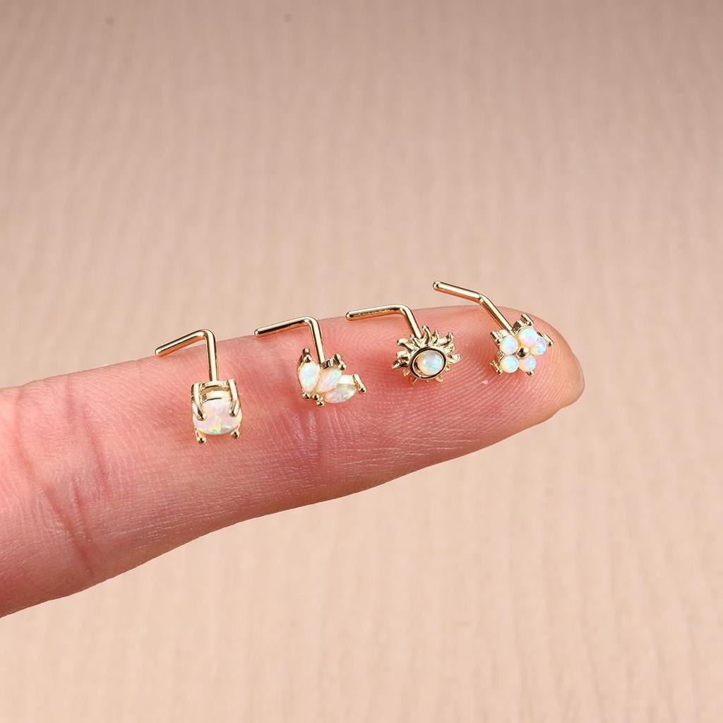 Bobisty Nose Rings Studs for Women Stainless Steel L Shaped Nose Studs Tiny Opal CZ Sunflower Bee Planet Nose Piercing Jewelry