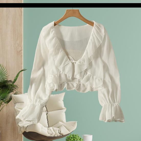 Chiffon Cardigan V-tie Lace-Up Lightweight Shirt Solid Color Ruffle Trim Summer Thin Sun Protection Shirt
