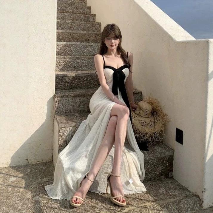 French white mesh suspender dress women's clothing is beautiful in summer, pure desire temperament, slim-fitting hip-wrapped split-fork long dress