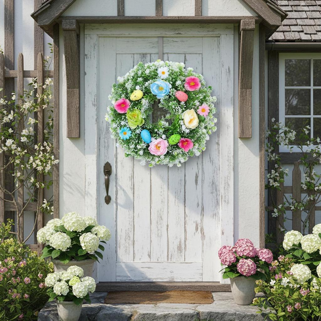 Spring Wreaths For Front Door Artificial Eggs Flowers Spring Garland 13.78inch Artificial Farmhouse Easter Wreath For Home