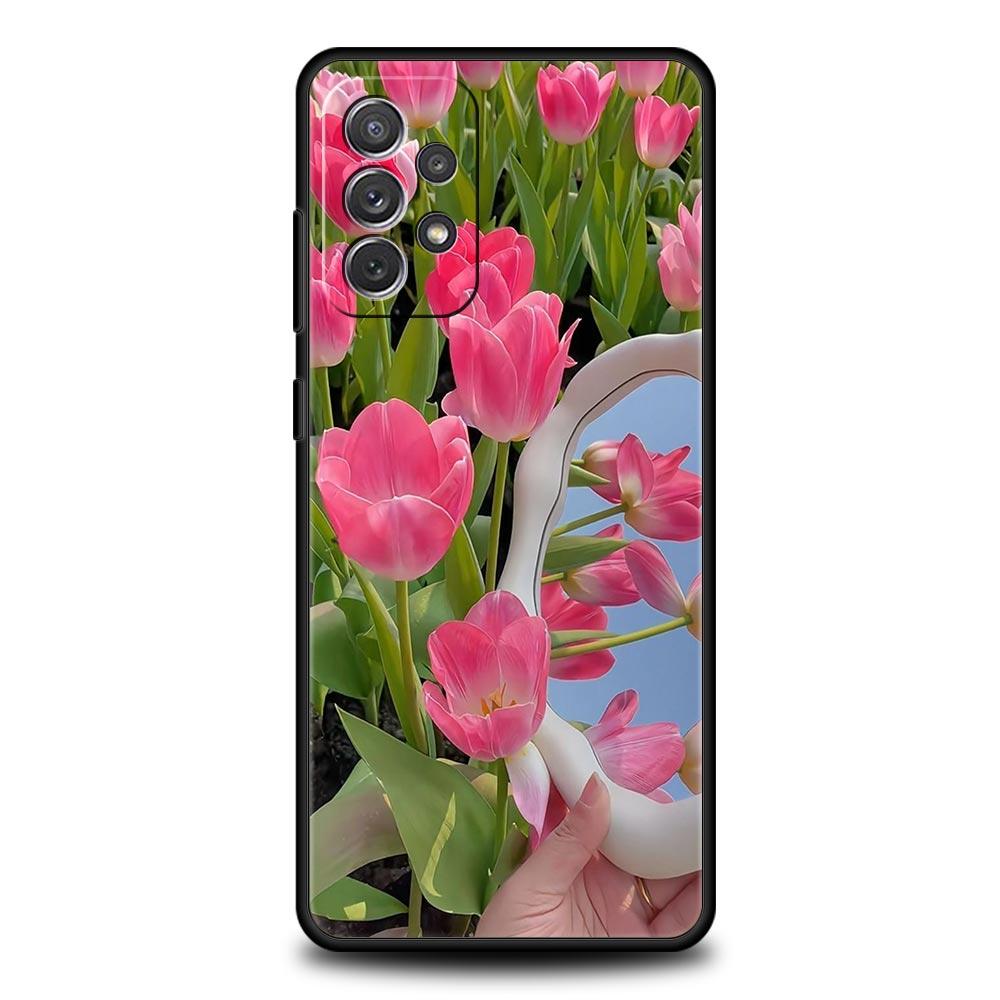 Case For Samsung A17 A15 A13 A51 A71 A41 A31 A21S A07 A05 A35 A55 A23 A25 A33 A53 A73 5G Cover Pink Tulip Flower Love Heart