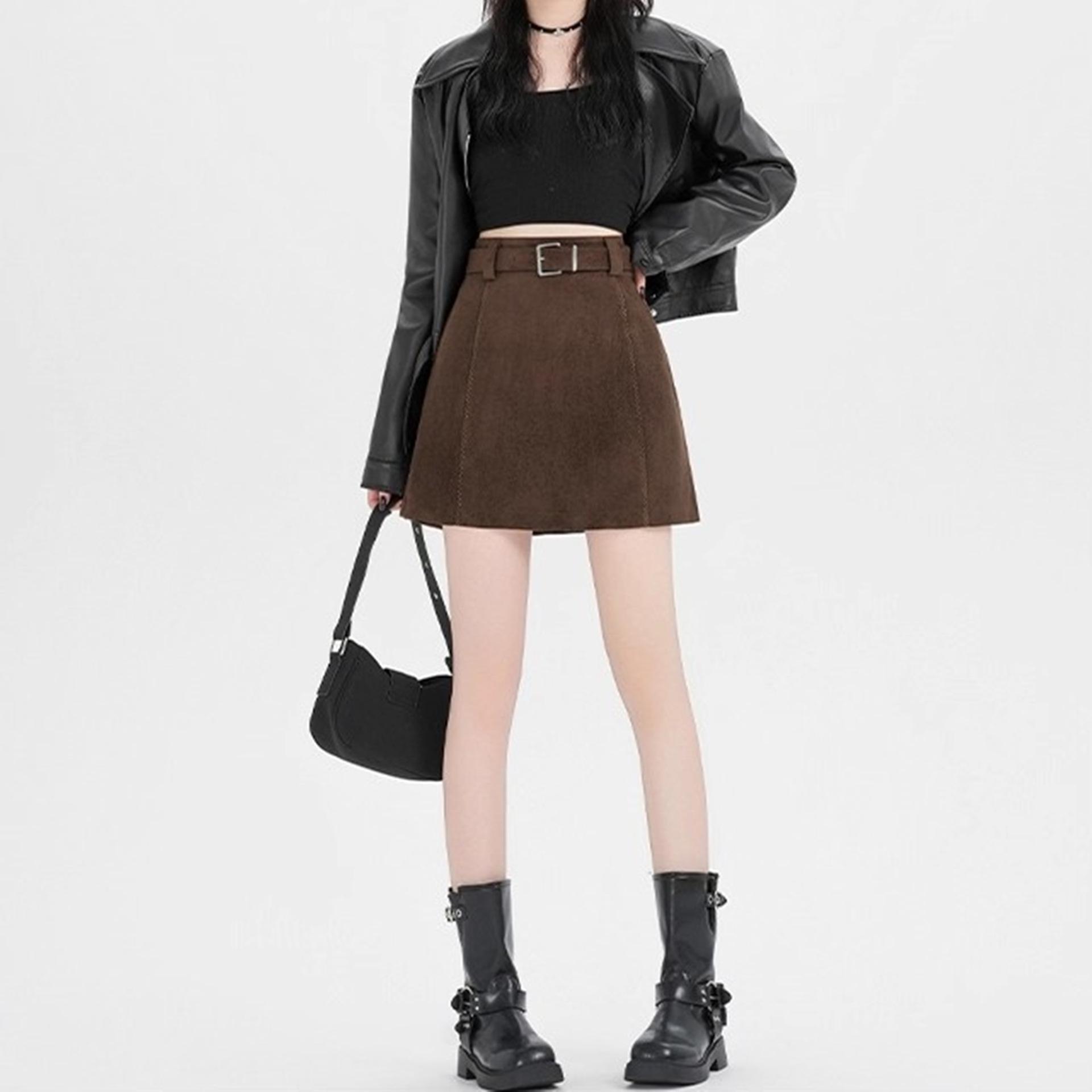 

Женская юбка-трапеция из коричневого бархата и кожи большого размера с высокой талией - Мода Осень/Зима M