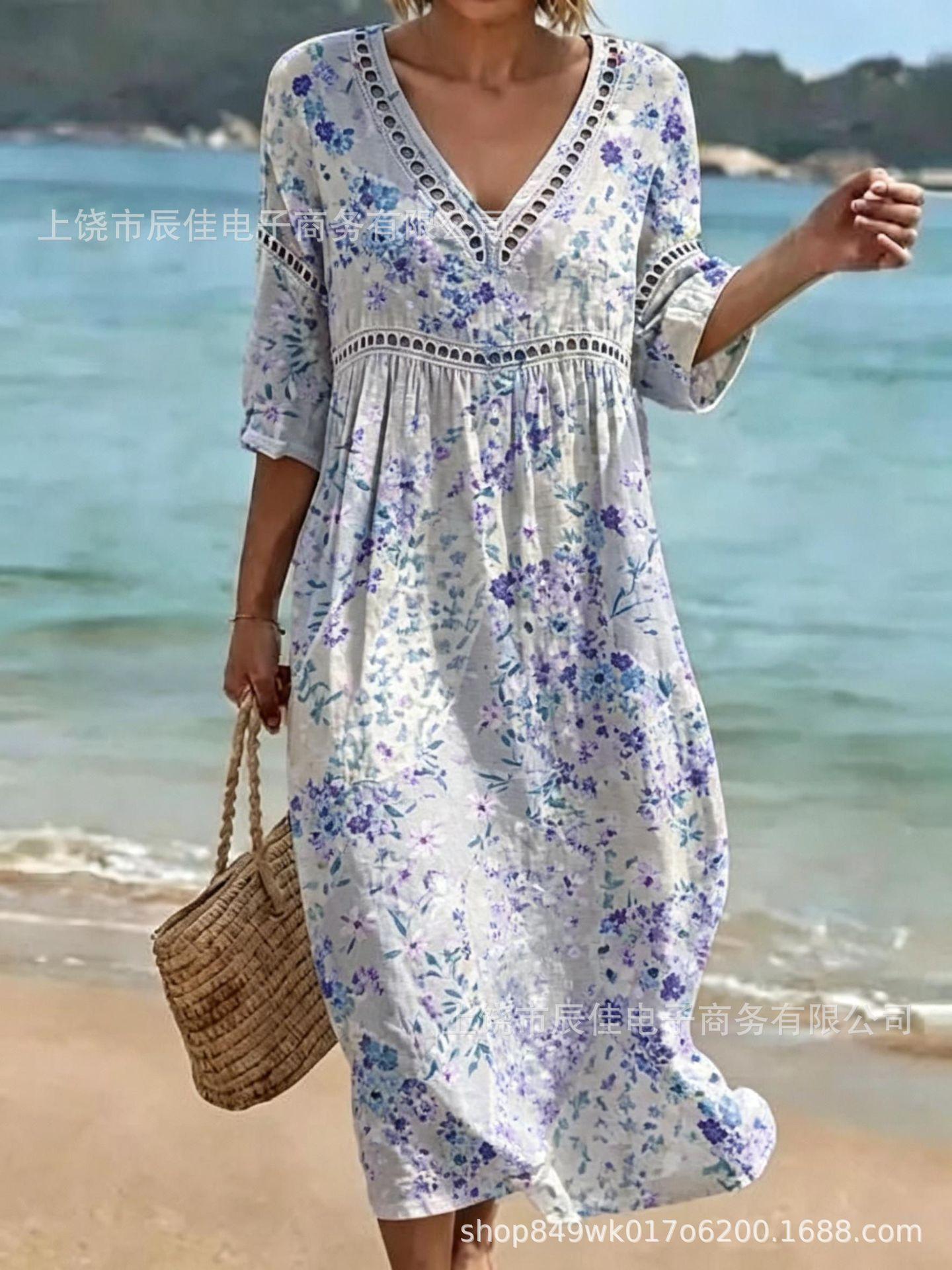New seaside vacation loose vacation style v-neck dress S