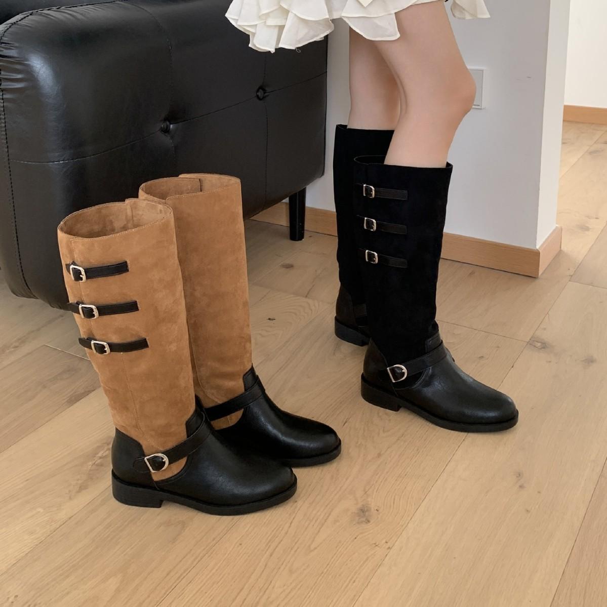 

2025 autumn and winter new round head color matching belt buckle thick heel but knee knight women s boots 39 хаки