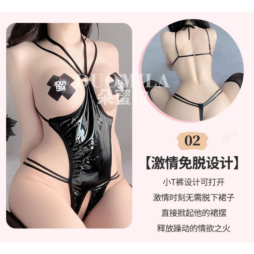 New Sex Underwear Sexy Neck Patent Leather Open Crotch Onesie Patent Leather Set Foreign Trade One Piece Delivery F365