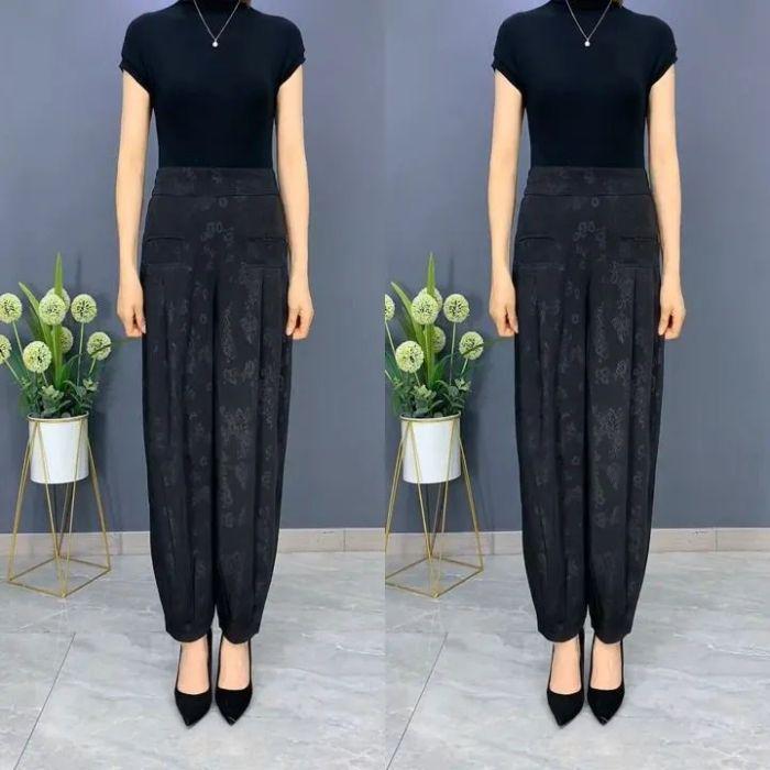 

Женские летние брюки гаремы из ледяного шелка 2025 - жаккардовые, широкие, свободные, стройнящие, драпирующиеся, дышащие L чёрный