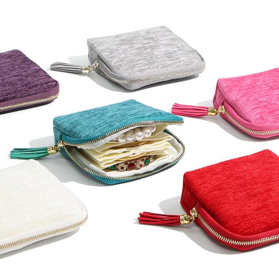 Small Travel Jewelry Case 5 Compartments Portable Mini Jewelry Box with Tassel Zipper Soft Velvet Organizer Pouch for Rings Bracelets Bangles Cards