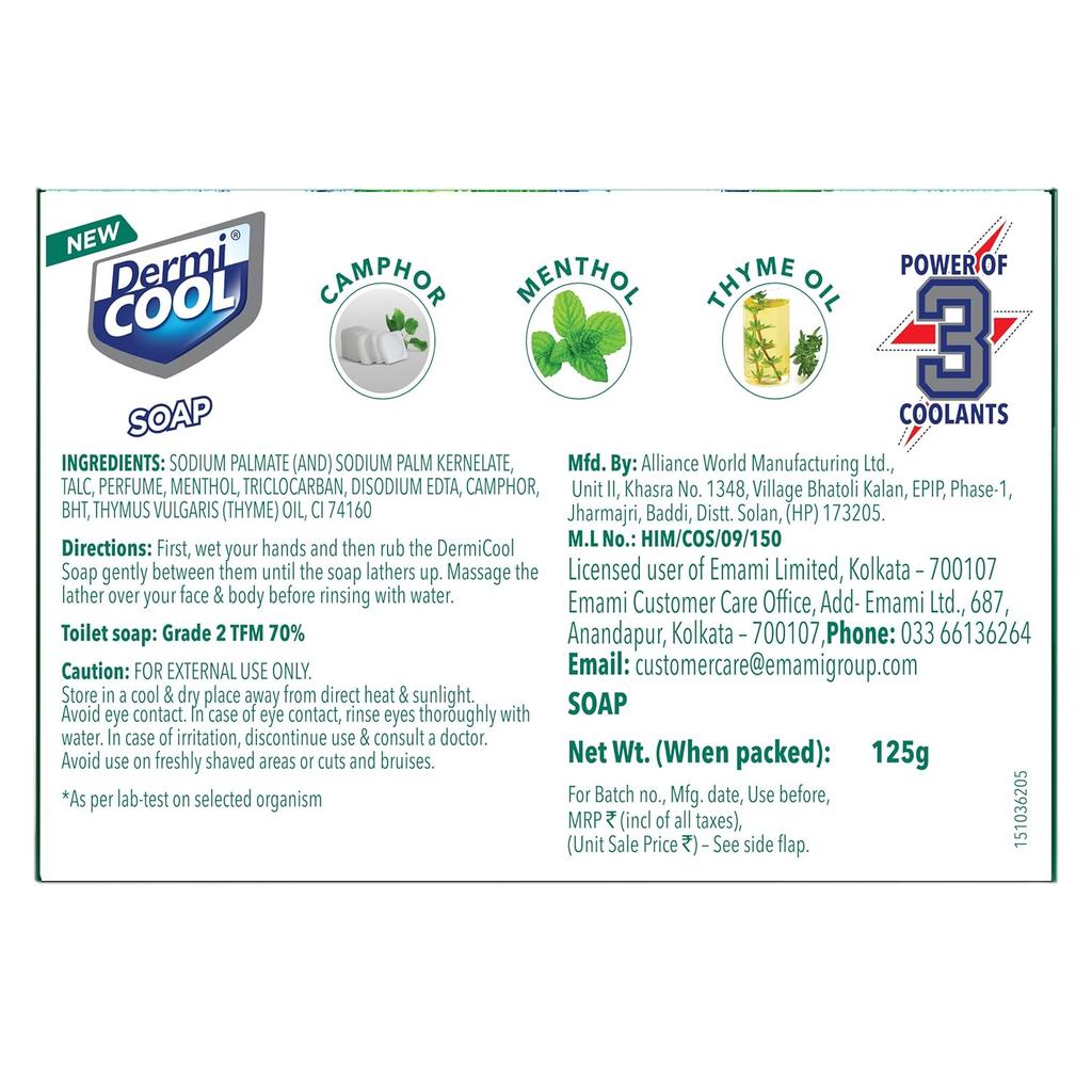 Dermicool Soap With 3 Coolants Camphor Menthol Thyme Oil 125g X 5 Pack Of 1 Instant Cooling Fresh Skin