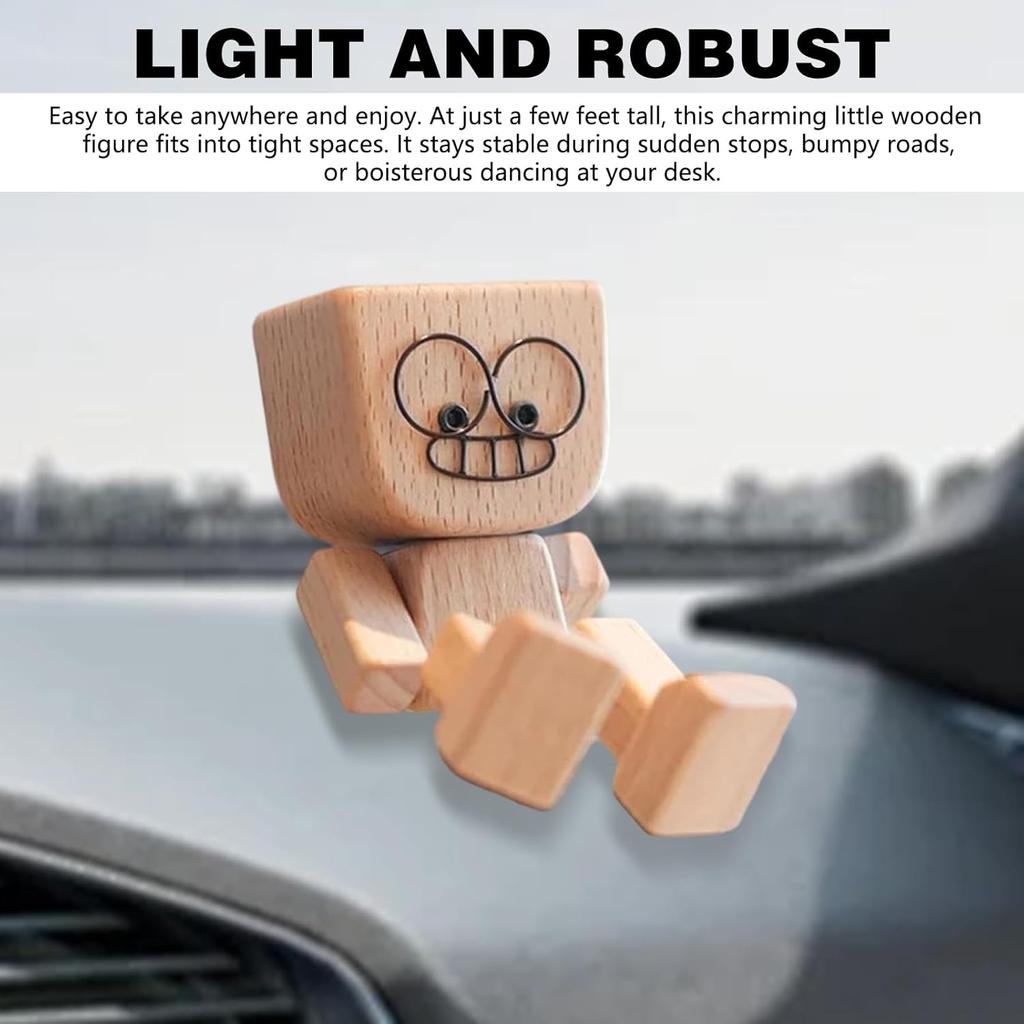 Drewniana figurka tańczącego człowieka, Urocza mała drewniana figurka, która się kiwa, Drewniana lalka z kiwającymi się stopami do deski rozdzielczej samochodu z 12 sztukami magnetycznych śmiesznych wyrazów