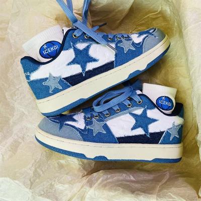 Original Niche Design Washed Denim Canvas Shoes Casual Sneakers Couple Breathable Sneakers Denim Blue Star Platform Shoes