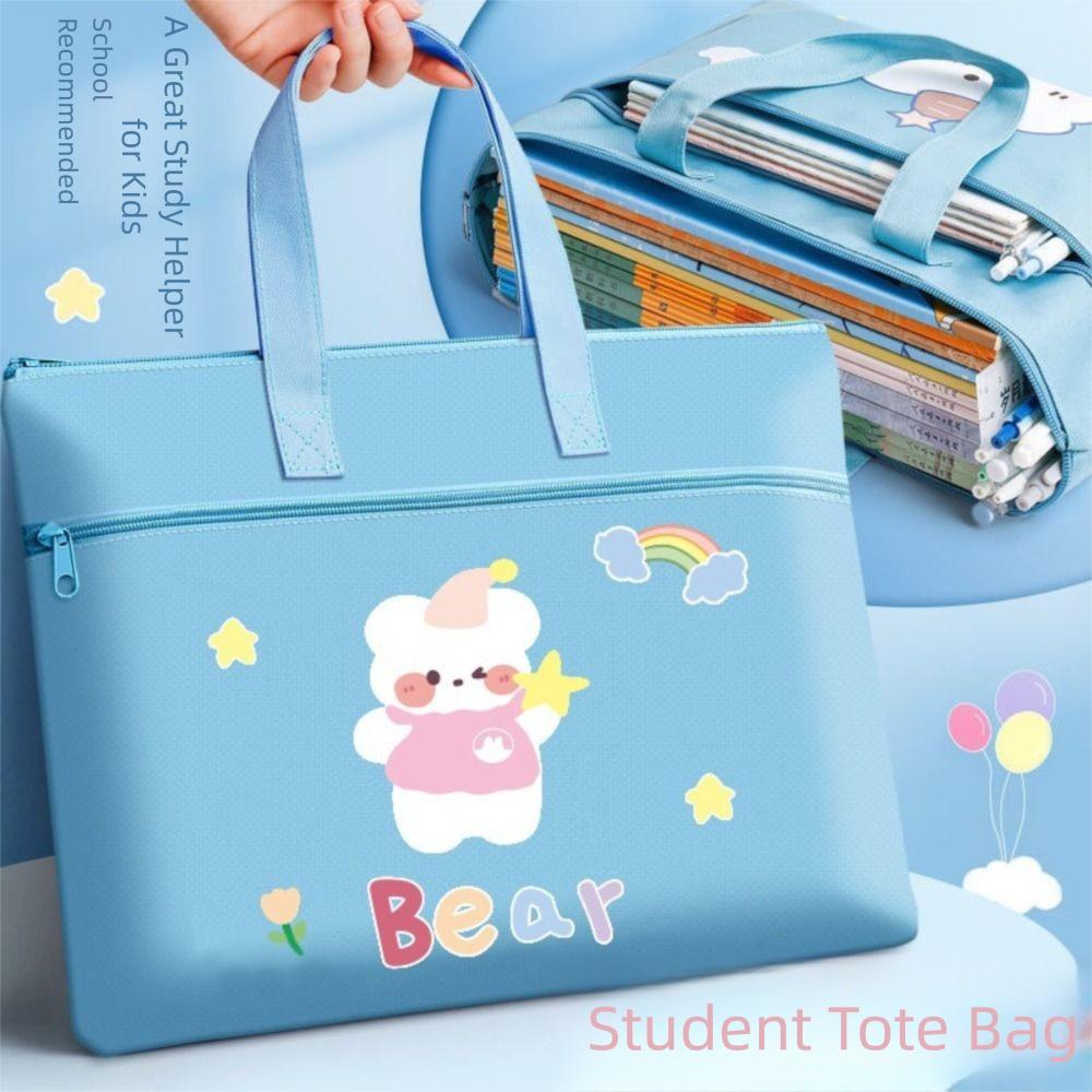New Double Layer Cartoon File Bag Canvas Zipper File Bag Cartoon Large Capacity Student Tote Tutoring Class