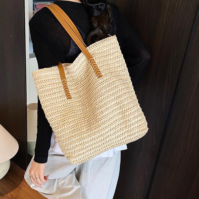 Women Top-Handle Bags Straw Summer Beach Straw Bucket Bag Woven Tote Purse Casual Travel Handbags for Women