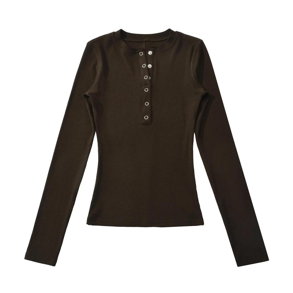 Women's Korean Style Henry Collar Long Sleeve Base Layer T-shirt for Autumn/Winter – Stylish, Stretchy, Basic Top