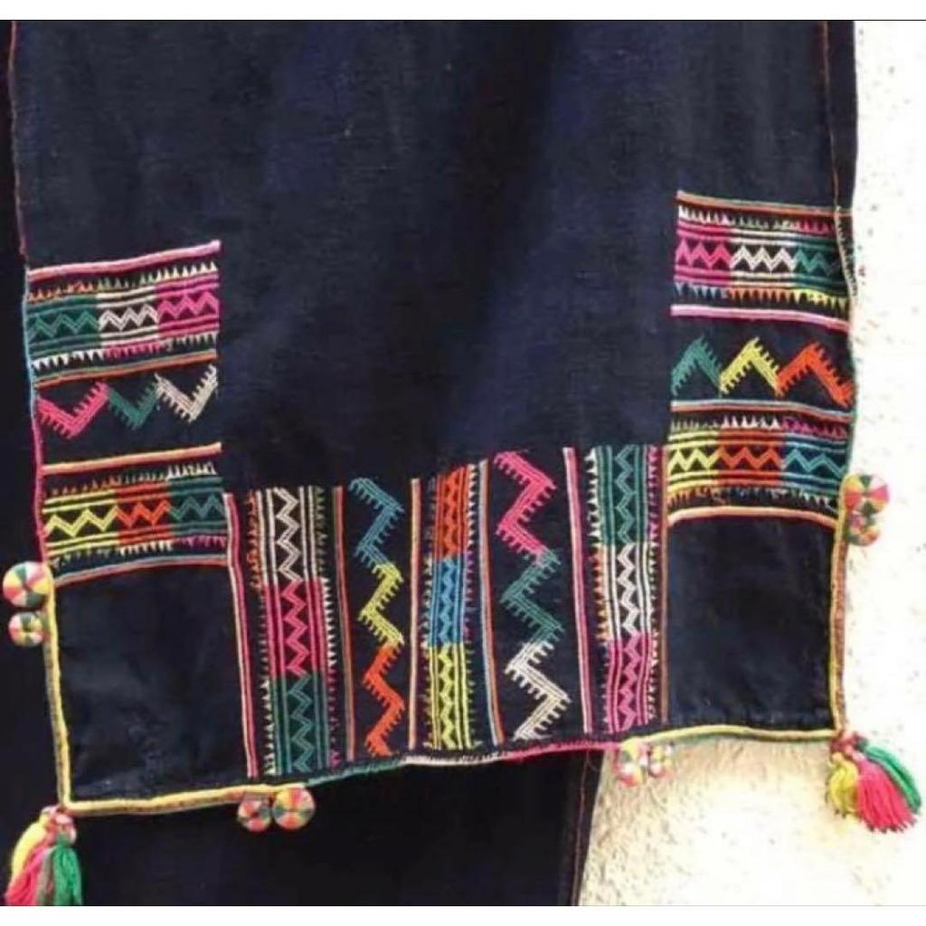 Used Black Hmong handmade indigo-dyed & embroidered motif stole (ethnic clothing)