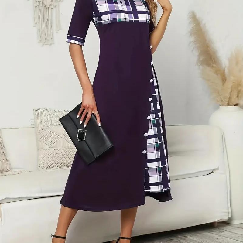 

Plaid Print Splicing Dress, Casual Crew Neck Short Sleeve Summer Asymmetrical Dress, Women s Clothing 5XL фіолетовий