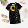 Girls Print Casual Dress Kids Loose Round Neck Short Sleeve Thin Sundress