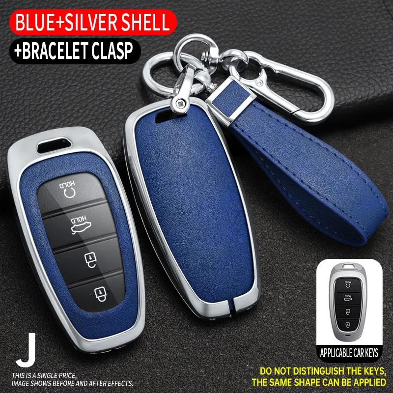 Zinc Alloy + Leather Car Key Case Cover for Hyundai Solaris Sonata Hybrid NEXO NX4 New Grand Santa Fe Tucson 2020 2021 2022 2023
