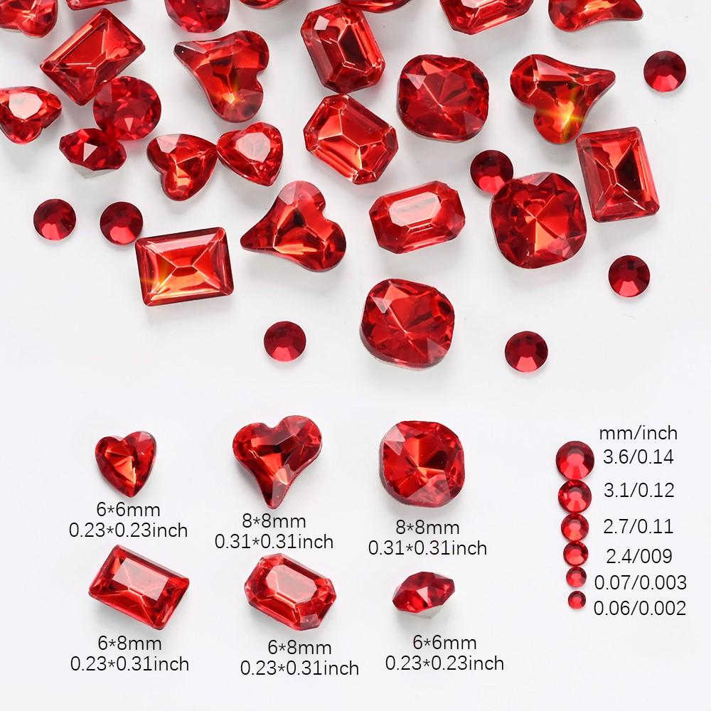 12Grid 3D Mutil-Shapes Shiny Red Diamond Nail Rhinestones SS6-SS16 Round Crystals Nail Gems Luxury Glass Nail Art Gems Decor Y5#