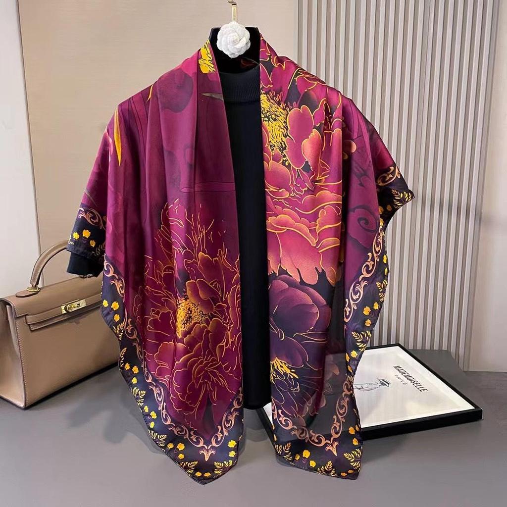 110cm Versatile Women’s Imitation Silk Scarf - Large, Printed, Decorative, Sunscreen Shawl