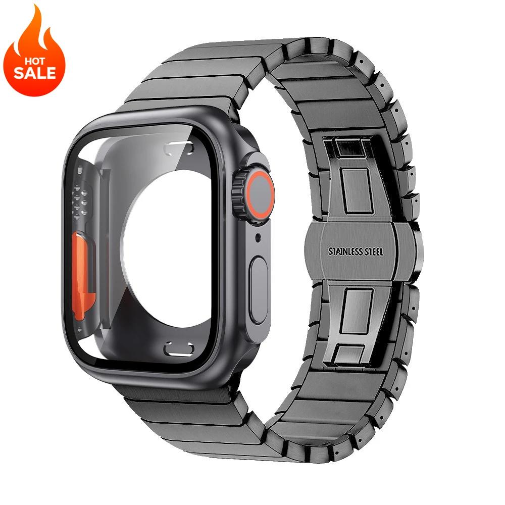 Strap+Case for Apple Watch Band 46mm 42mm 45 41 40 44mm Stainless Steel Bracelet  PC Cover for Iwatch Series11 10 9 8 7 6 SE 5 4