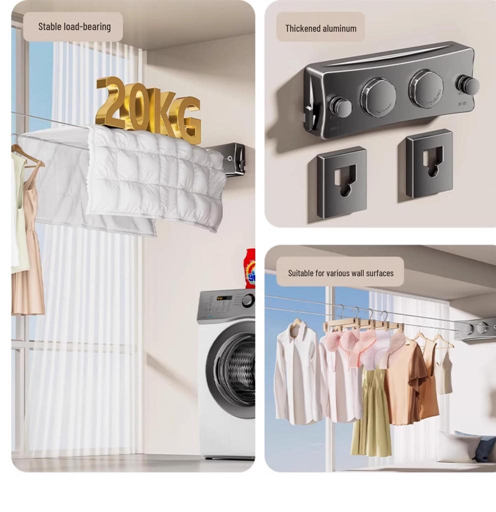Uscător de rufe dublu retractabil - Uscător invizibil fără găuri pentru balcon interior/baie, cablu din sârmă de oțel