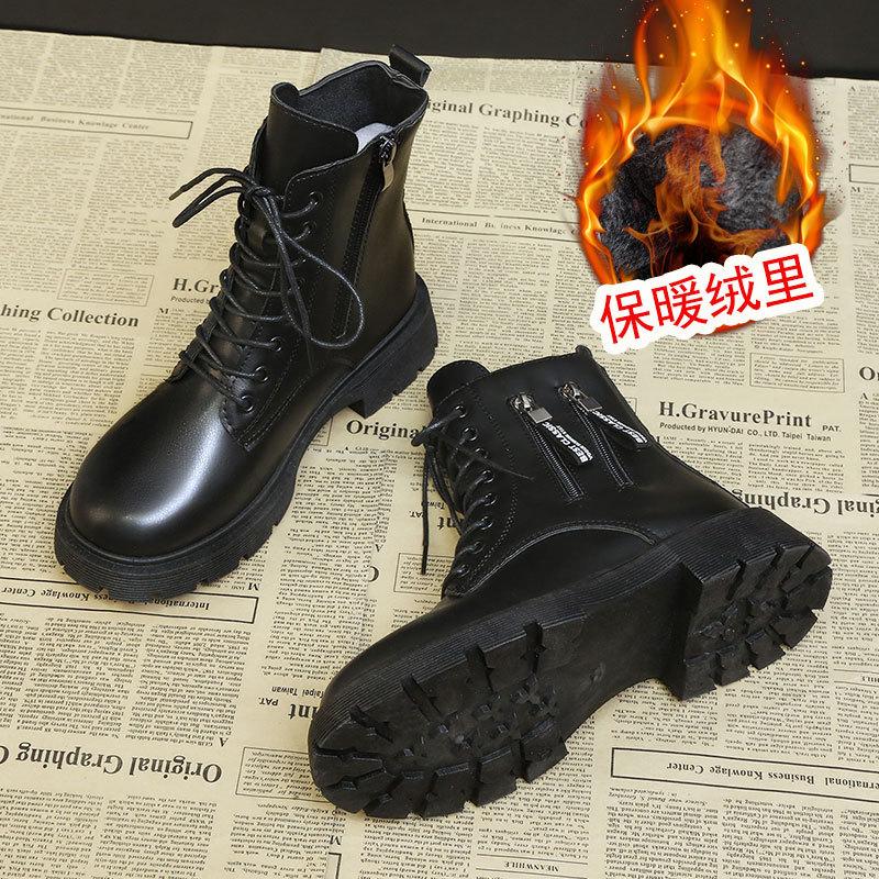 Fashion thick-soled round head velvet high-top cotton shoes women's autumn and winter temperament British style thick-heeled short boots